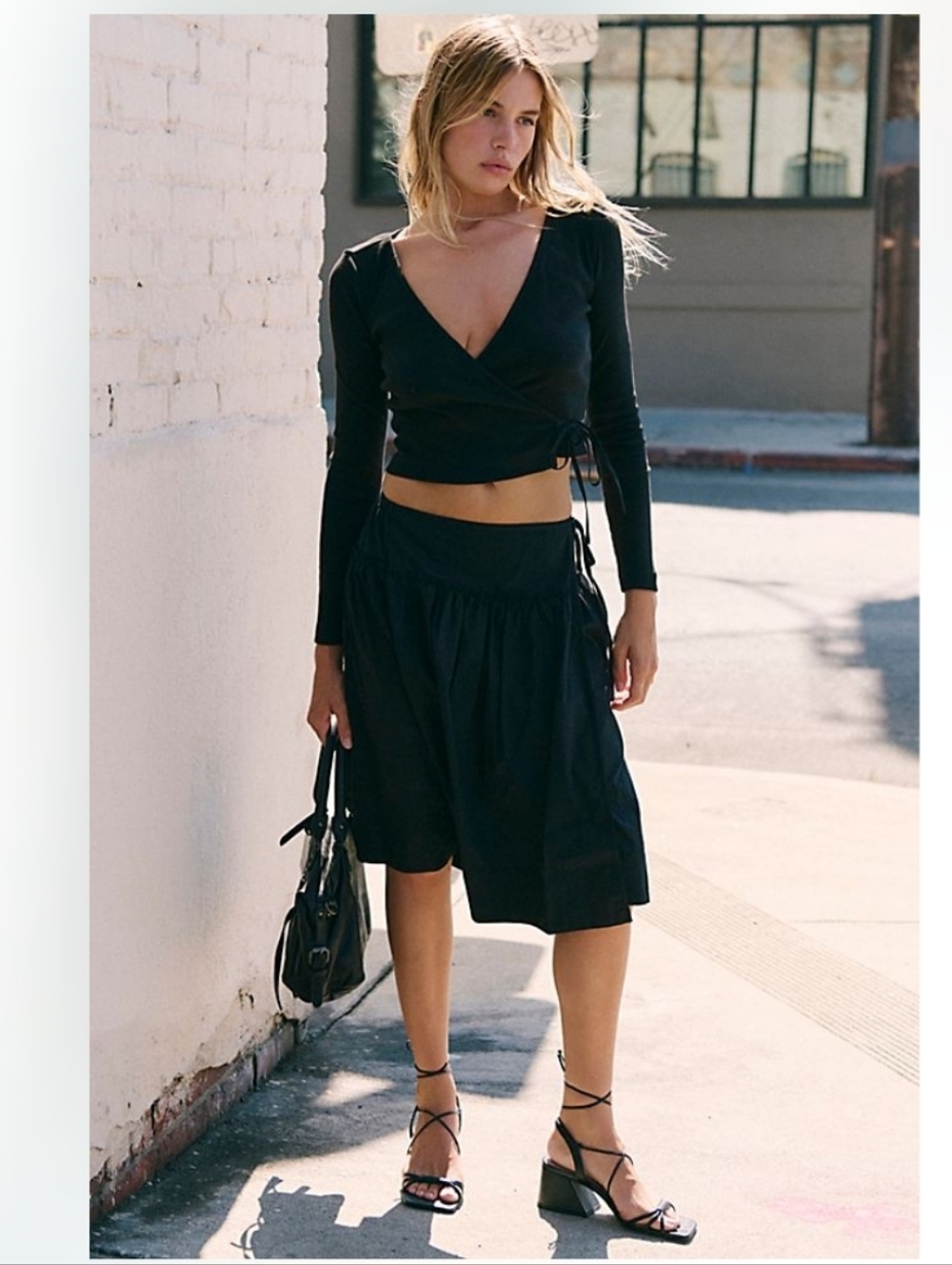 Free People Black Tie Wrap Mid Skirt and Top Combo